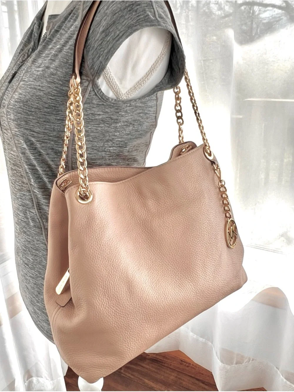 Michael Kors Jet Set Chain Shoulder Bag Dusty Pink Pebbled Leather Large